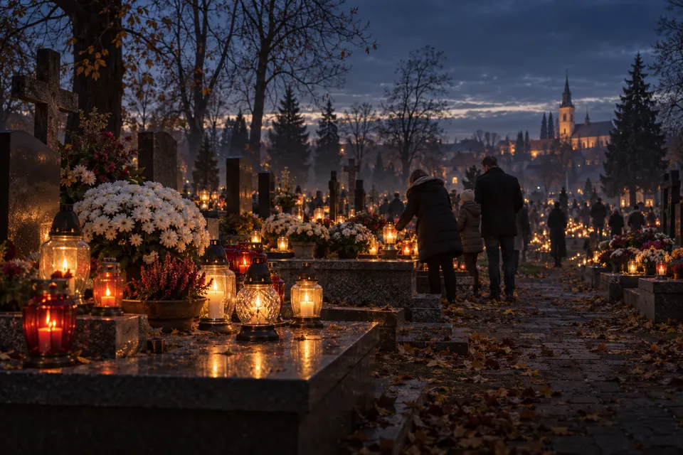 Polish cemetery at night in candlelight