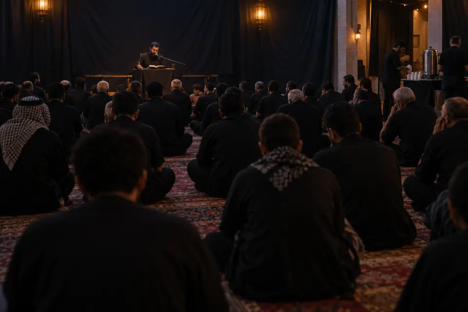 Muharram majlis, black cloth, water stands