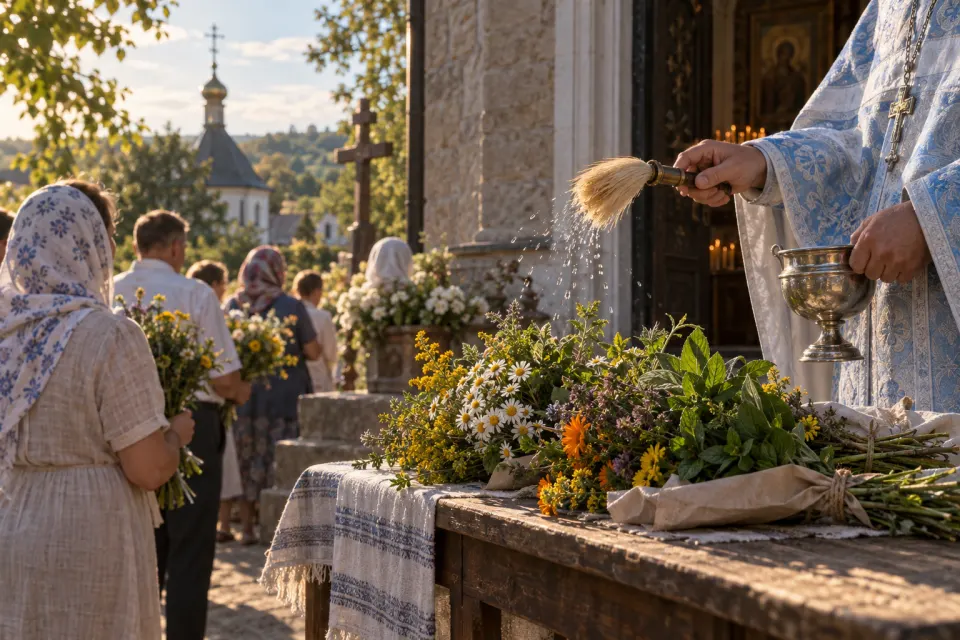Dormition flowers blessed in a Greek village church