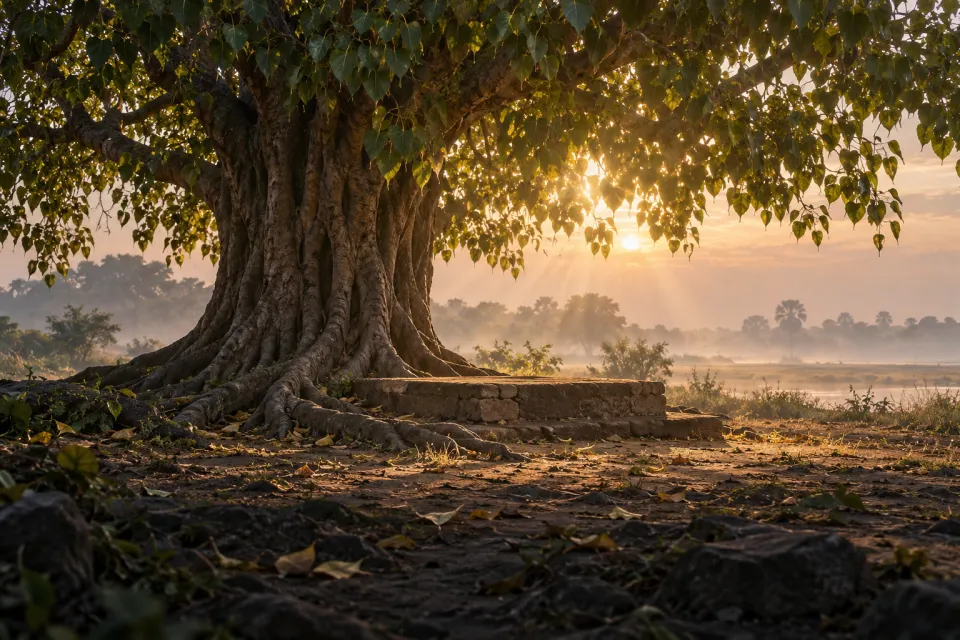 the Bodhi tree at Bodh Gaya at dawn, Mara's retreat