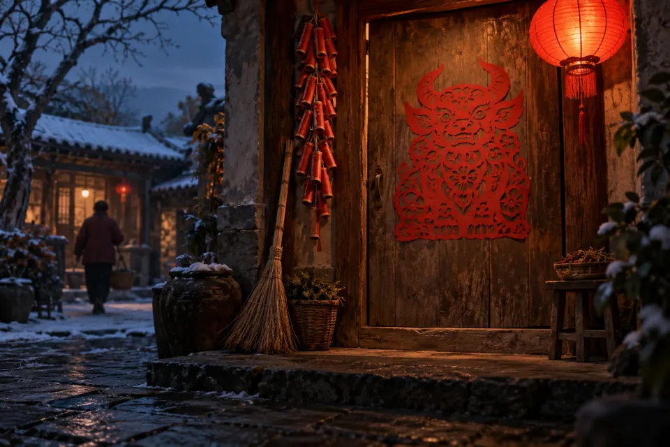 Nian legend with red and firecrackers