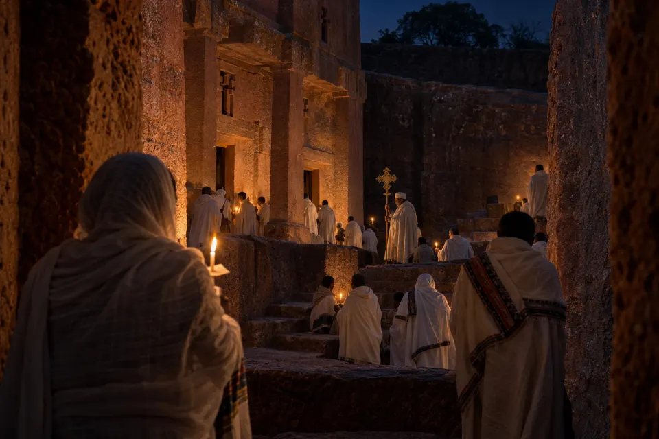 an Ethiopian Genna Mass at Lalibela, white shammas, candles in rock-cut church