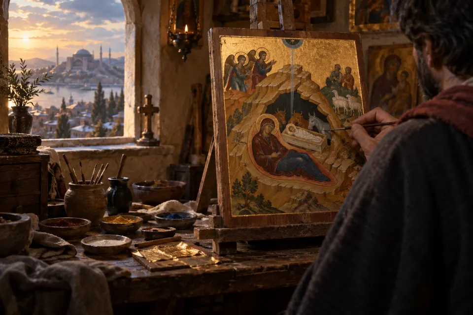 a Byzantine Nativity icon being painted