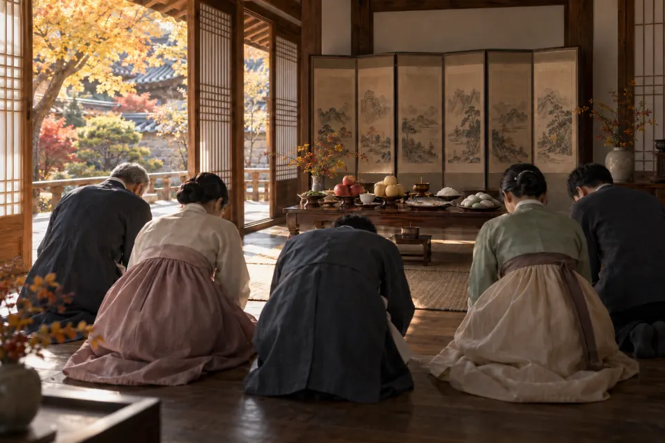 charye table before a hanok, songpyeon