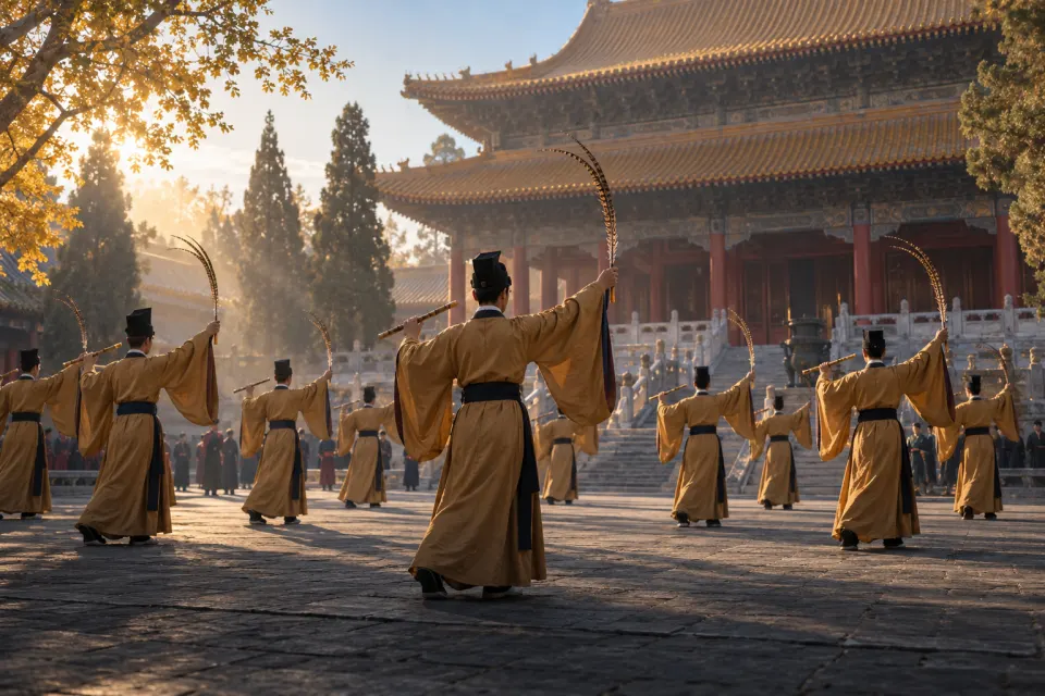 Qufu temple rite with dancers' pheasant feathers