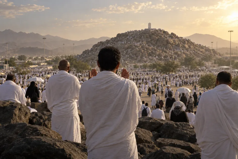 Mount Arafat with pilgrims in white, heat haze