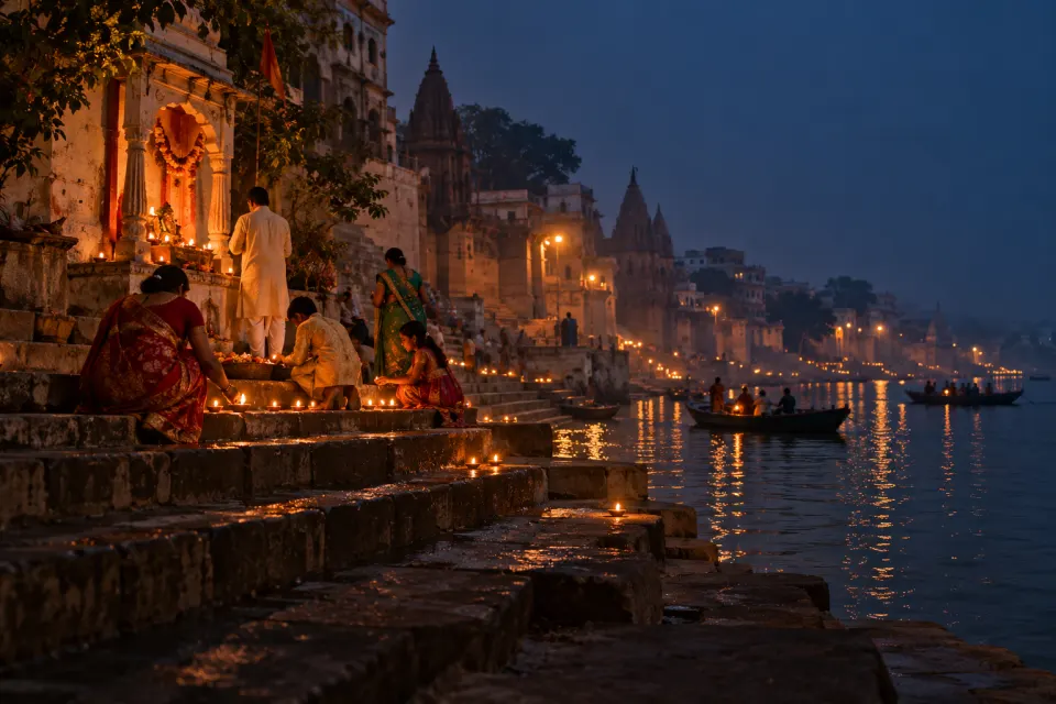 diyas along a Varanasi ghat