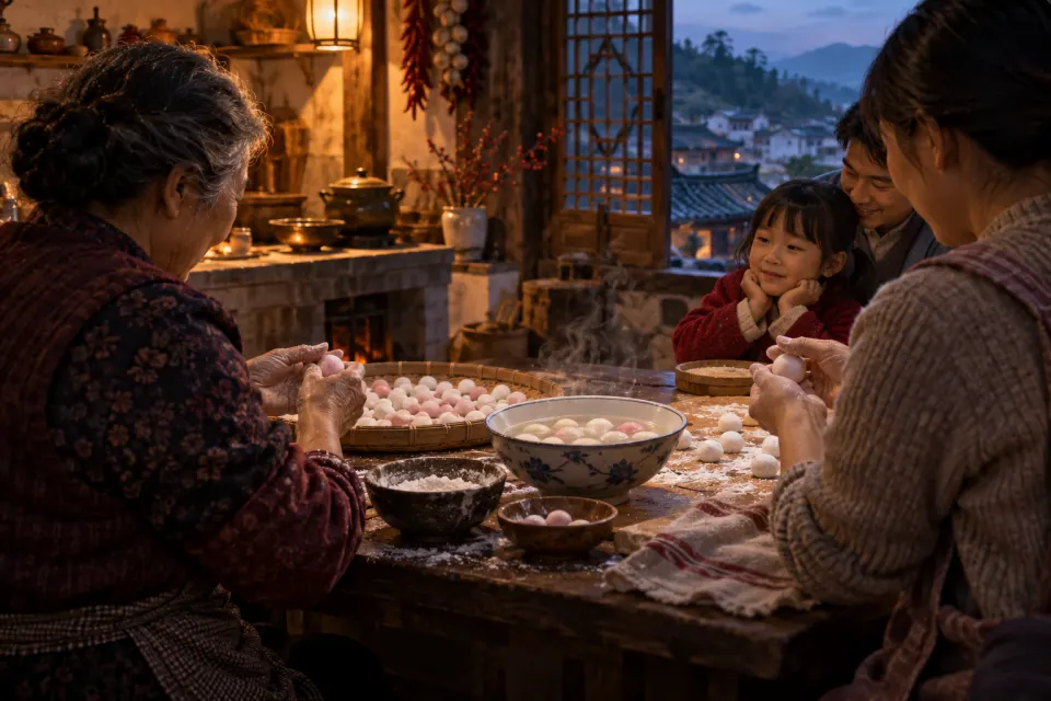 tangyuan steaming on a winter table