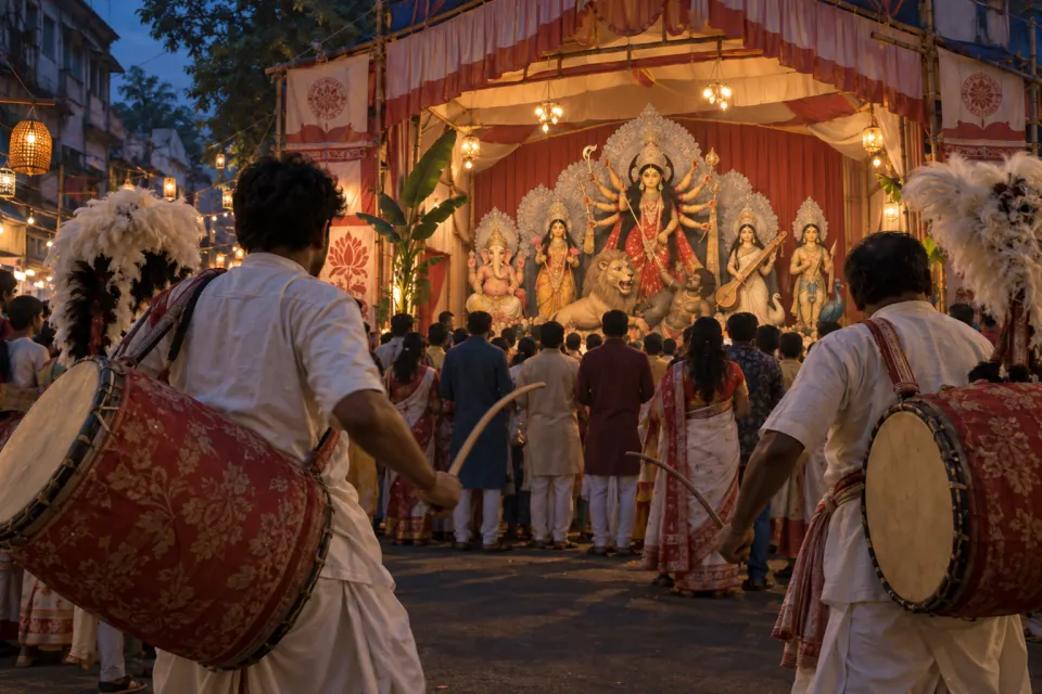 Kolkata pandal with dhak drummers, sindoor khela
