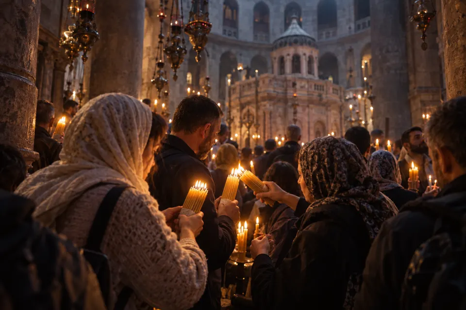 Holy Fire at the Church of the Holy Sepulchre, candles spreading