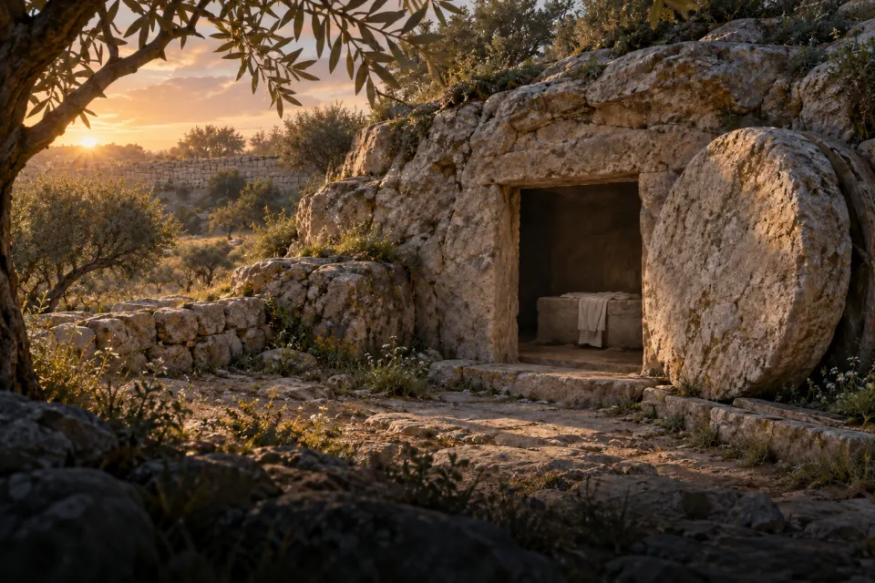 the empty tomb at dawn, rolled stone