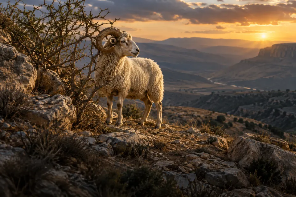 ram caught in the thicket, the knife lowered, Abraham from behind