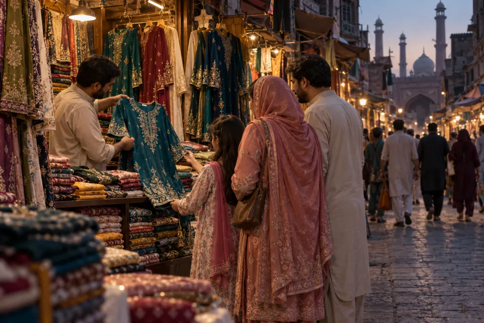 Eid cards and new clothes in a bazaar