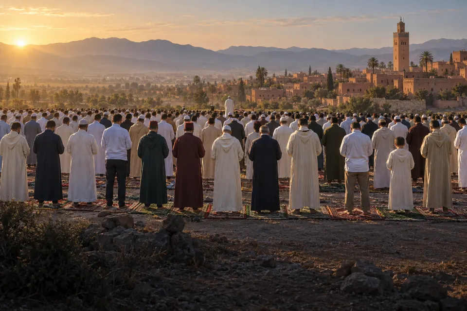 open-air Eid prayer rows at dawn
