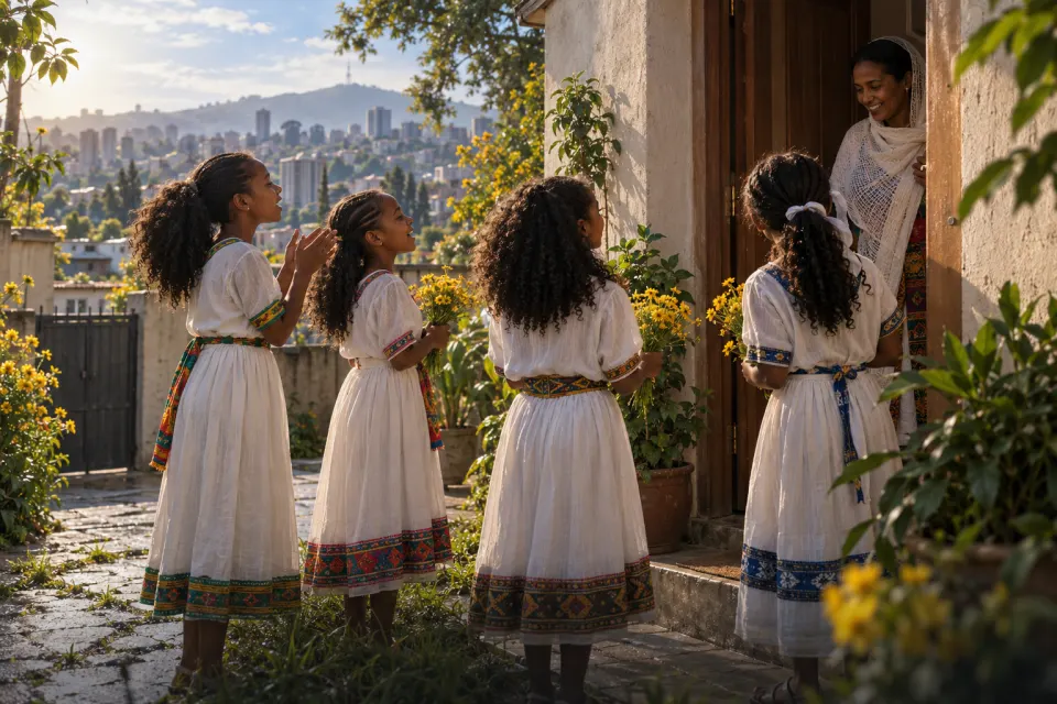 girls singing Abebayehosh with bouquets