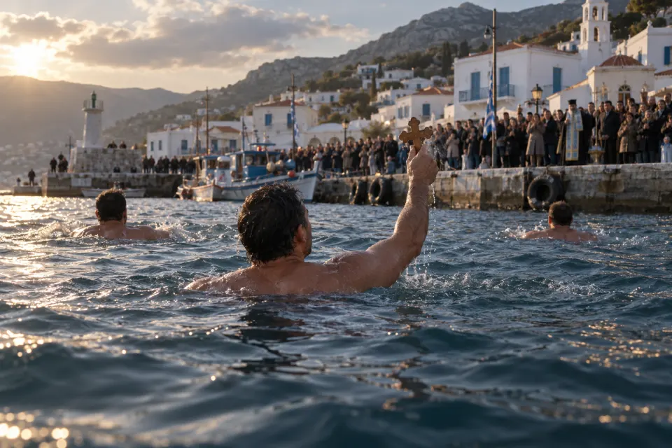 Theophany cross retrieval from a cold harbour, swimmers
