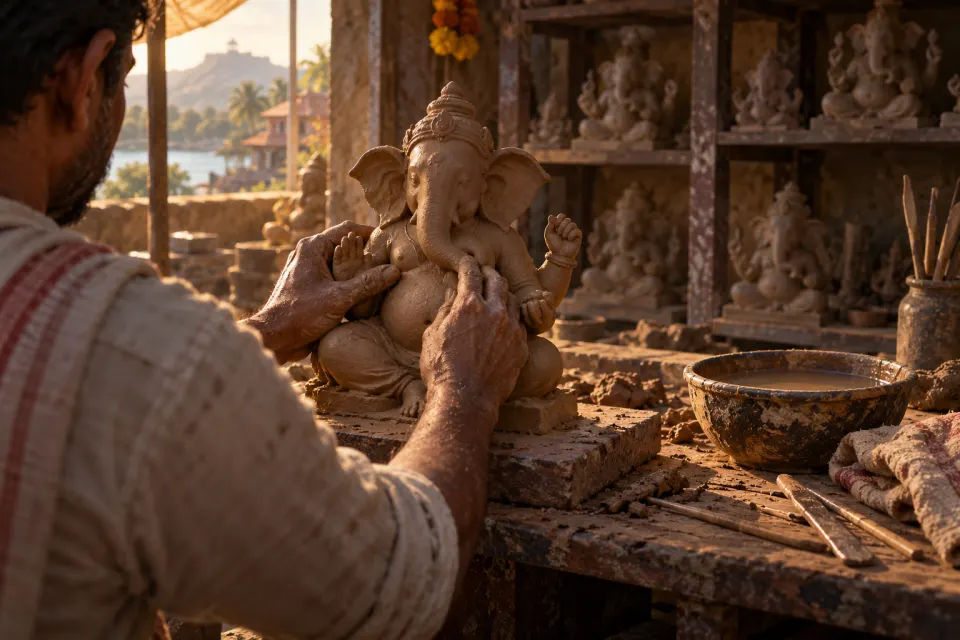 Parvati shaping the boy from turmeric, no faces
