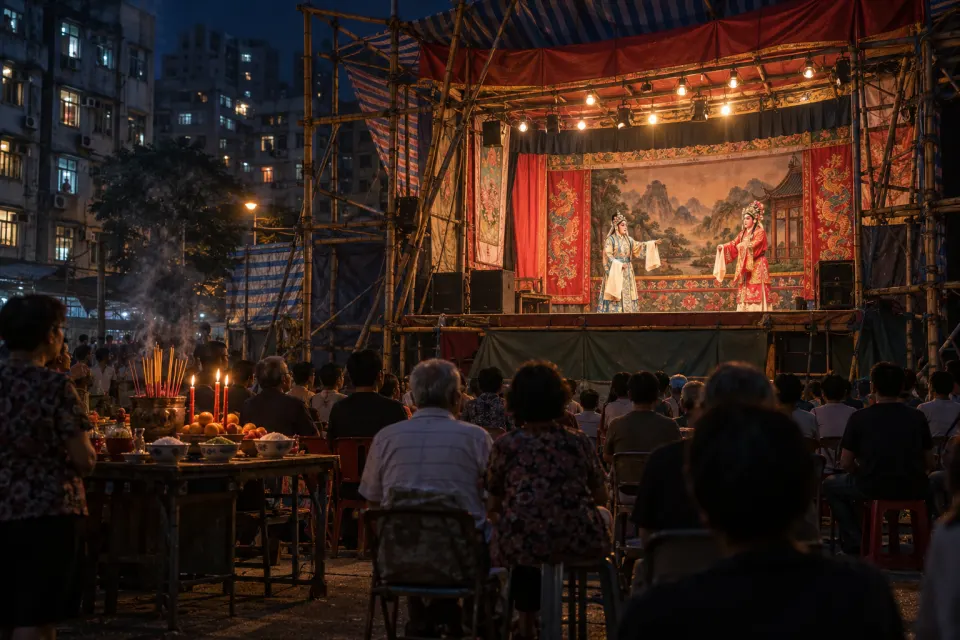 Hong Kong Yu Lan burnt offerings and opera stage