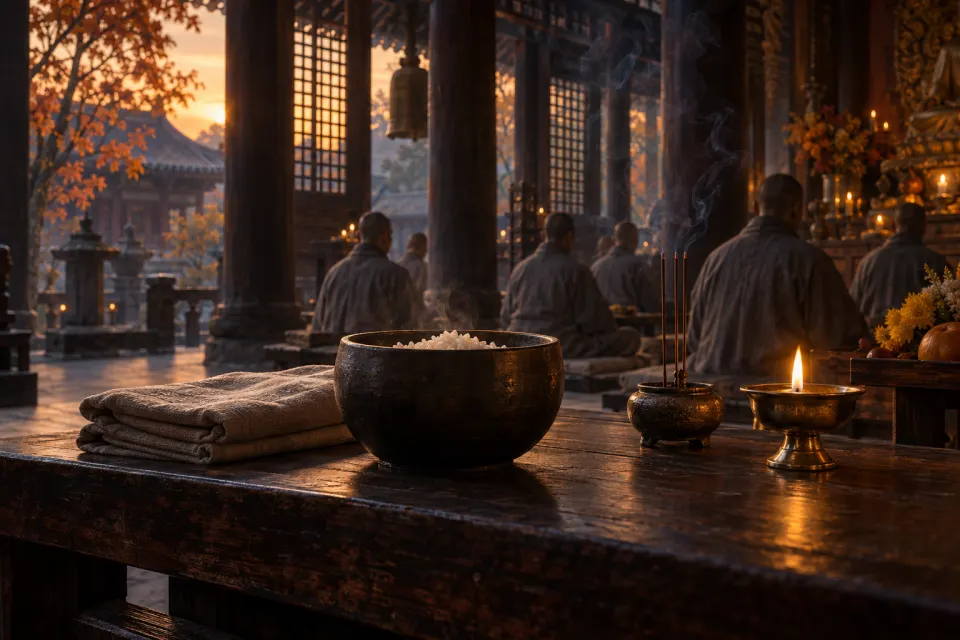 Mulian offering the bowl to the Sangha