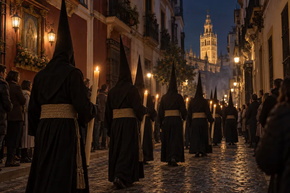 Seville penitents' procession at night, Epitaphios bier in a Greek church