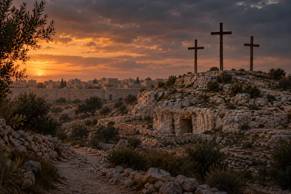 Golgotha outside the walls, 1st-century Jerusalem at dusk