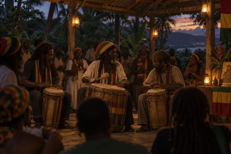 nyabinghi grounation with drums, red-gold-green