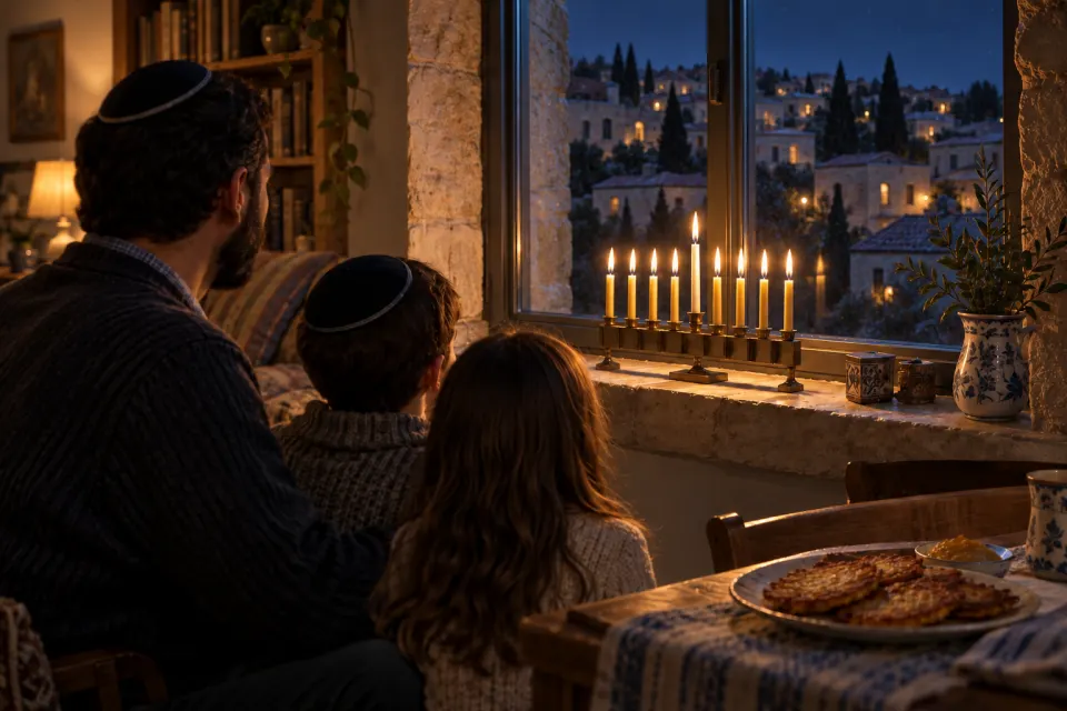 lamp in a window, latkes on a table