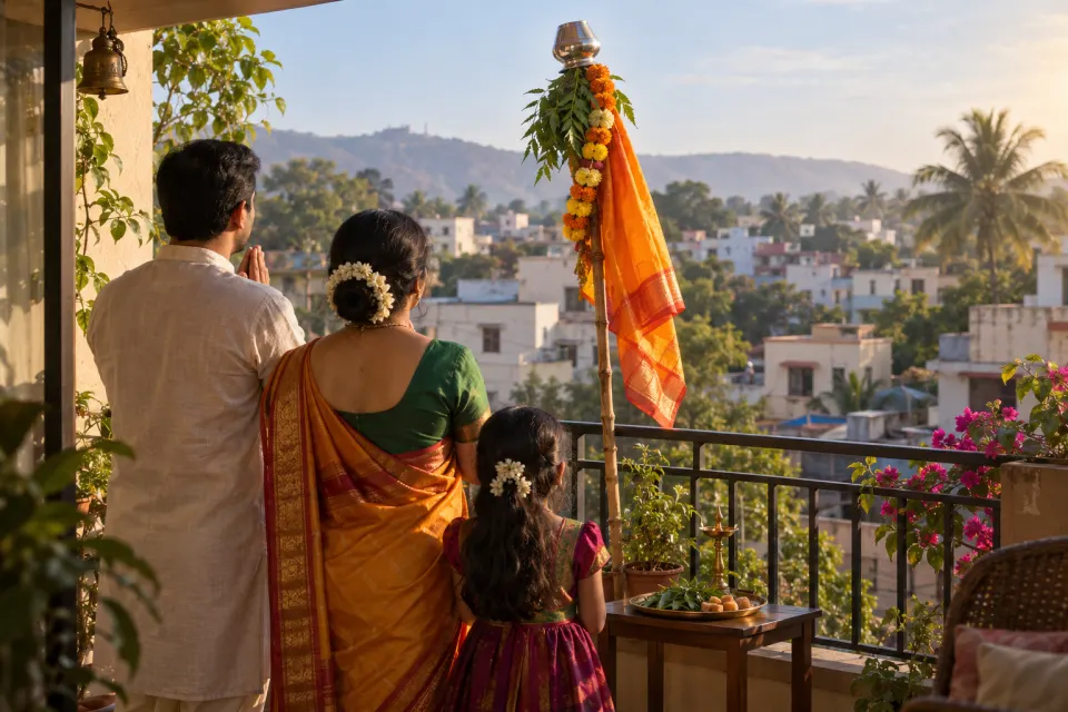 gudhi raised on a Maharashtra balcony, neem and jaggery