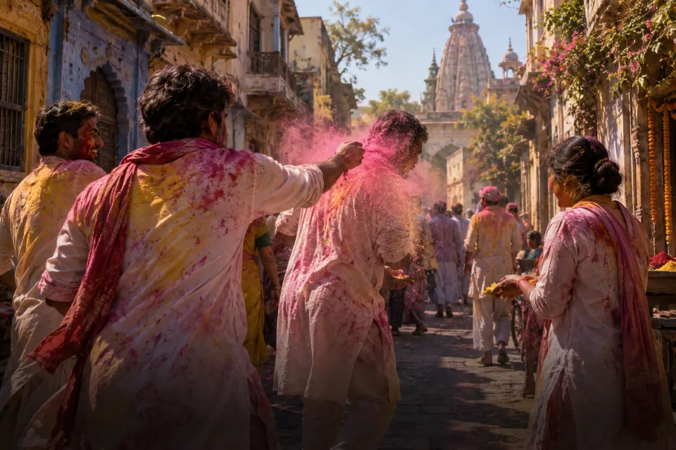 colour clouds in a Mathura lane