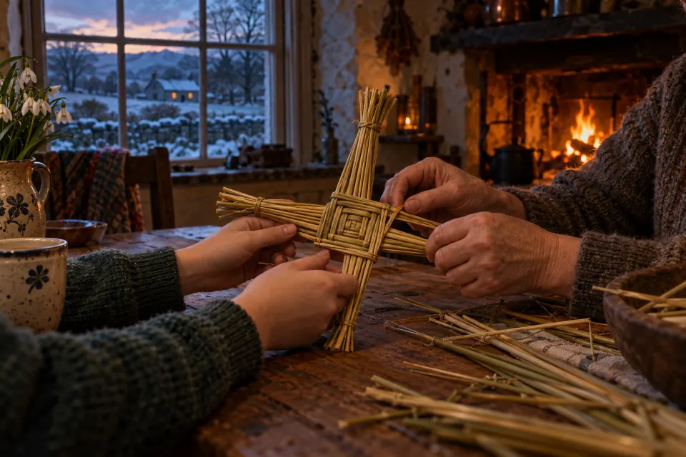 rush crosses being woven by a hearth