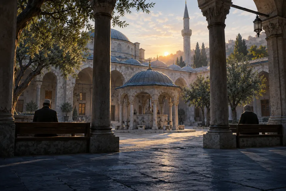 a quiet mosque courtyard at dawn, calendar page