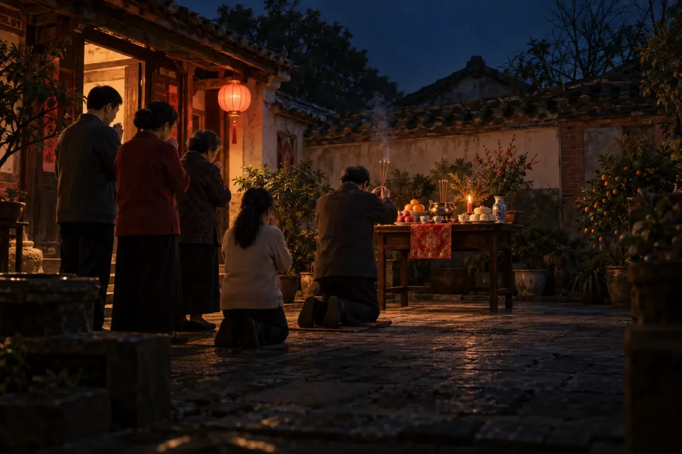 Taiwanese temple offering tables on the 9th day