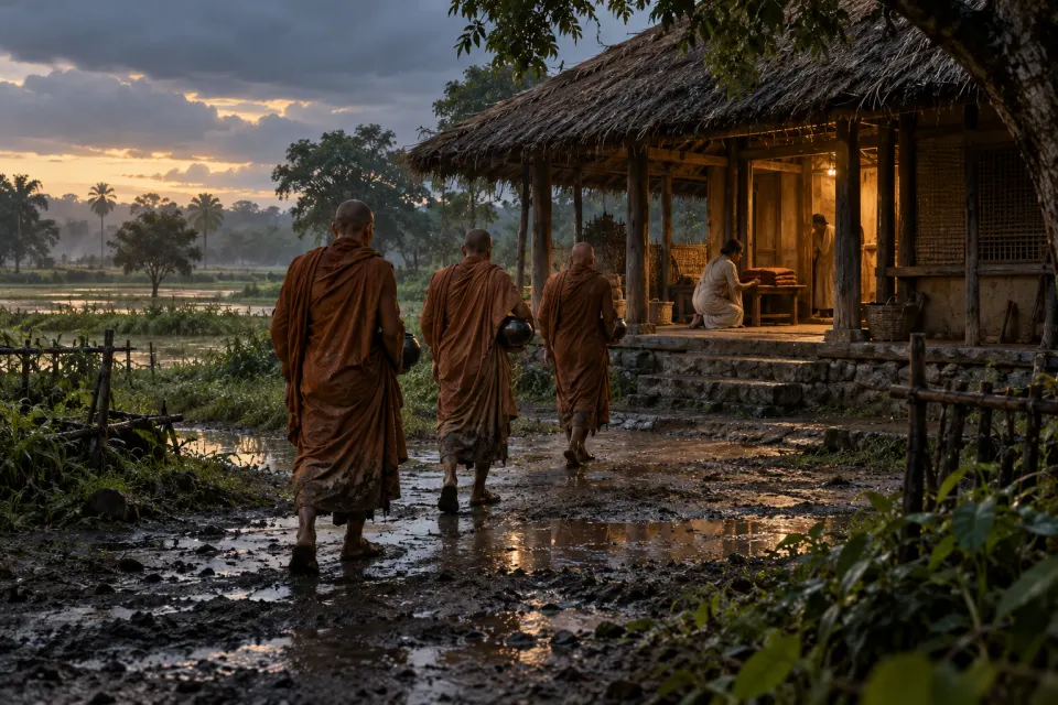the wet monks of Pava bringing their robes