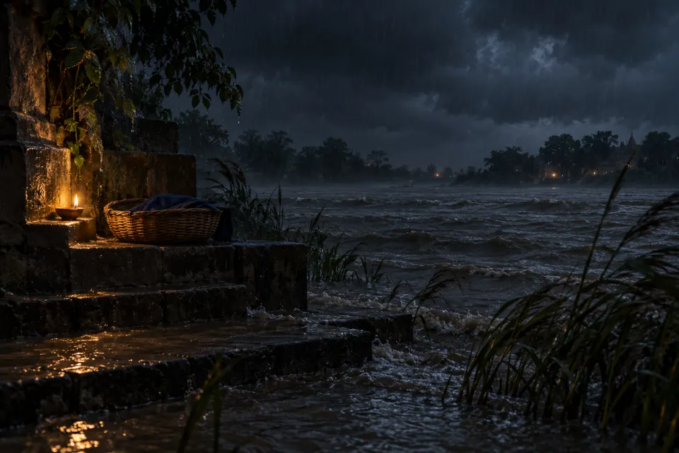 Vasudeva carrying the infant through the flooded Yamuna under Shesha