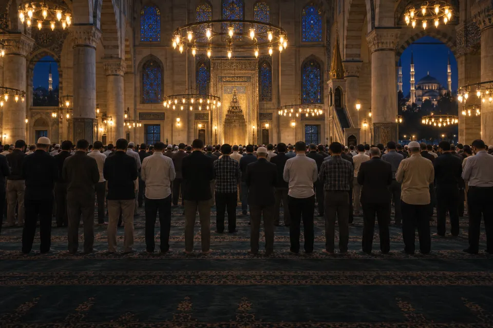 mosque packed for night prayer, lamps, no faces to the front