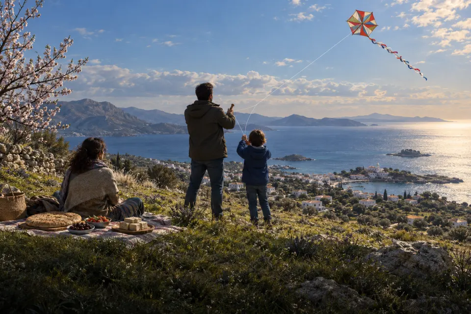 Clean Monday kite-flying on a Greek hill