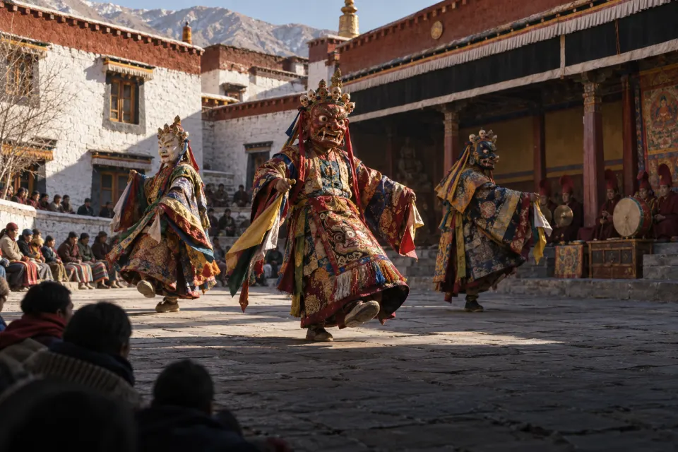 cham dancers in masks at a monastery courtyard, butter sculptures