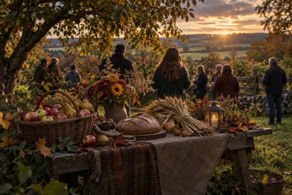 an autumn equinox altar, apples and wheat