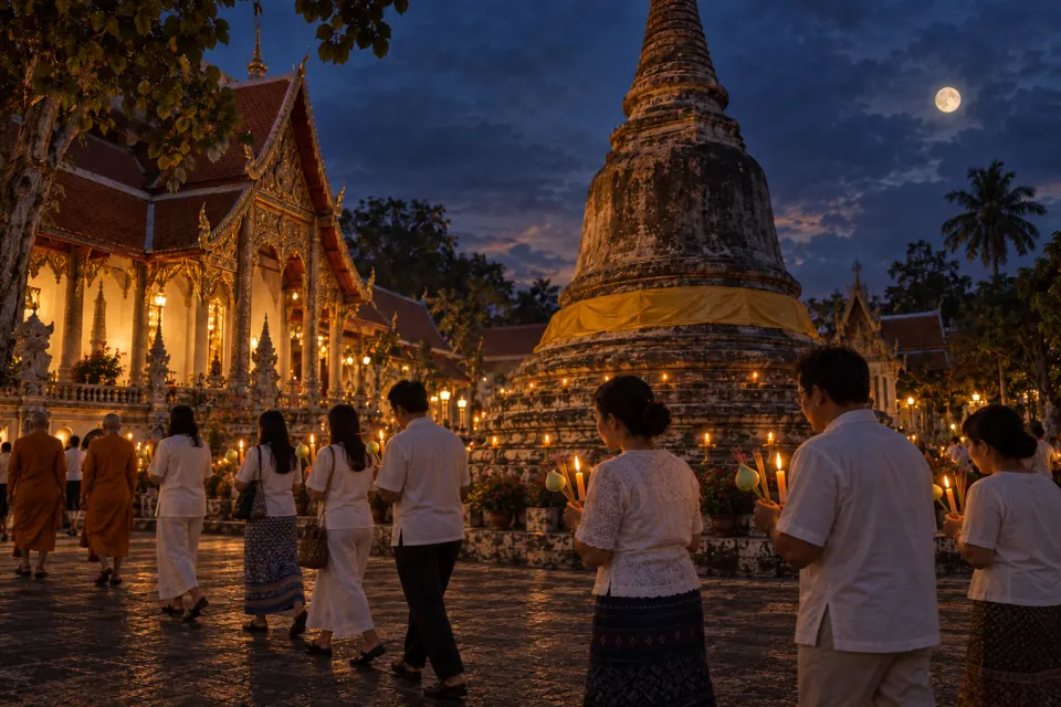 candlelit circumambulation at Wat Phra Dhammakaya-scale temple