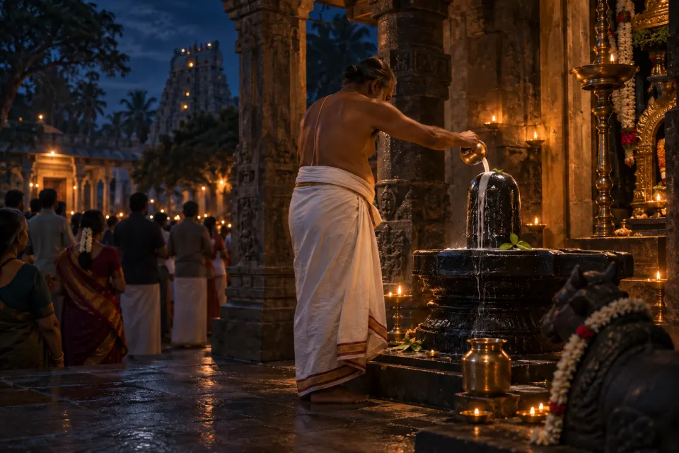 night vigil at a Shiva temple, bilva leaves, milk