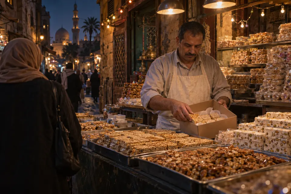 Mawlid night in Cairo, lights, sweets, no portrait