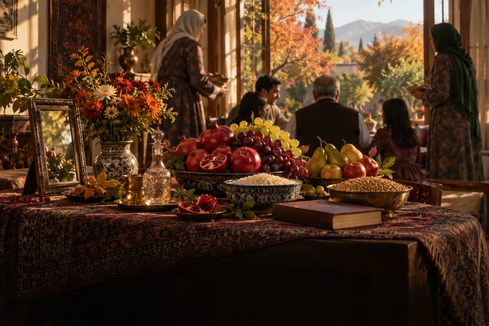 Mehregan table with lotus, sugar and mirror