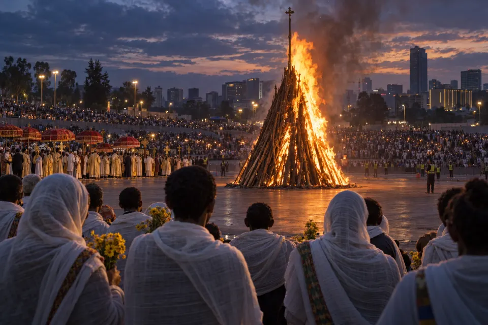 demera bonfire in Meskel Square, daisies, umbrellas