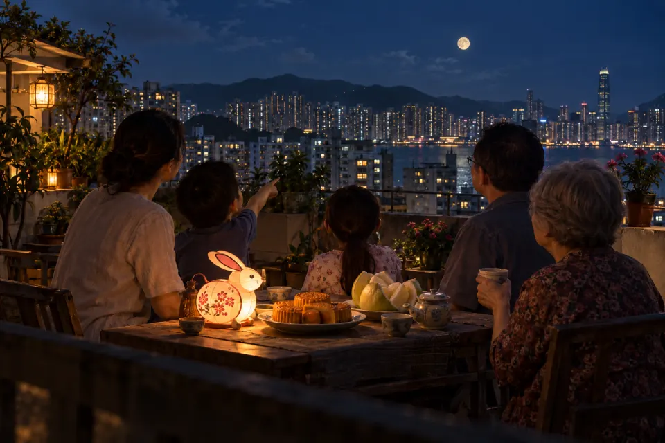 lanterns and mooncakes on a Hong Kong rooftop