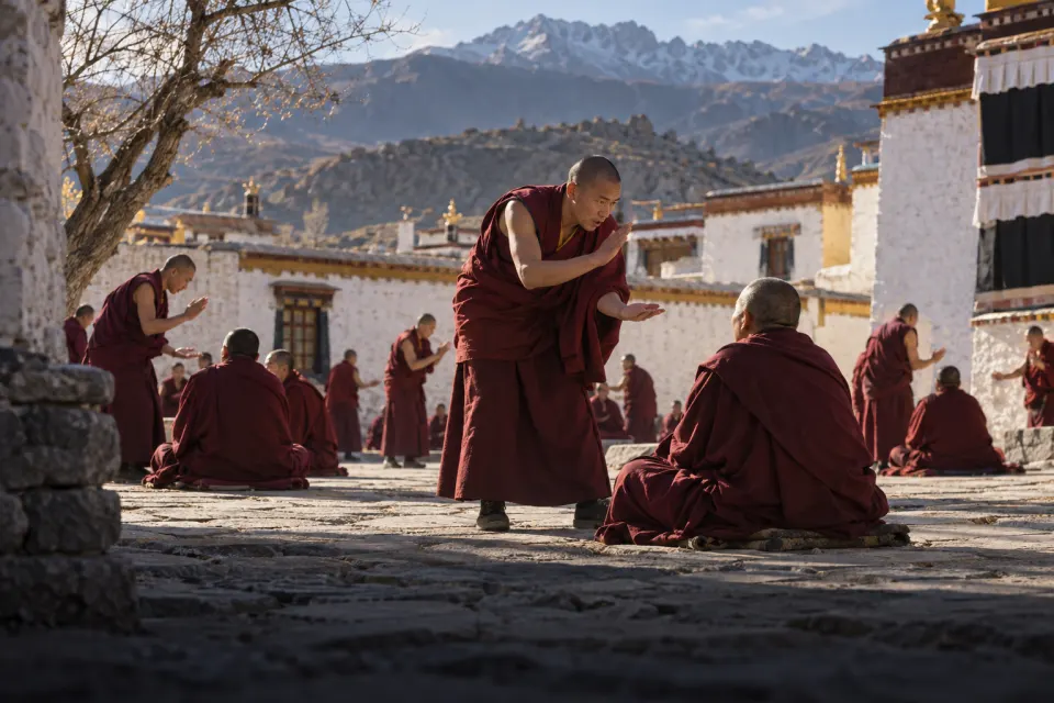 Ganden monks debating, Jokhang crowds