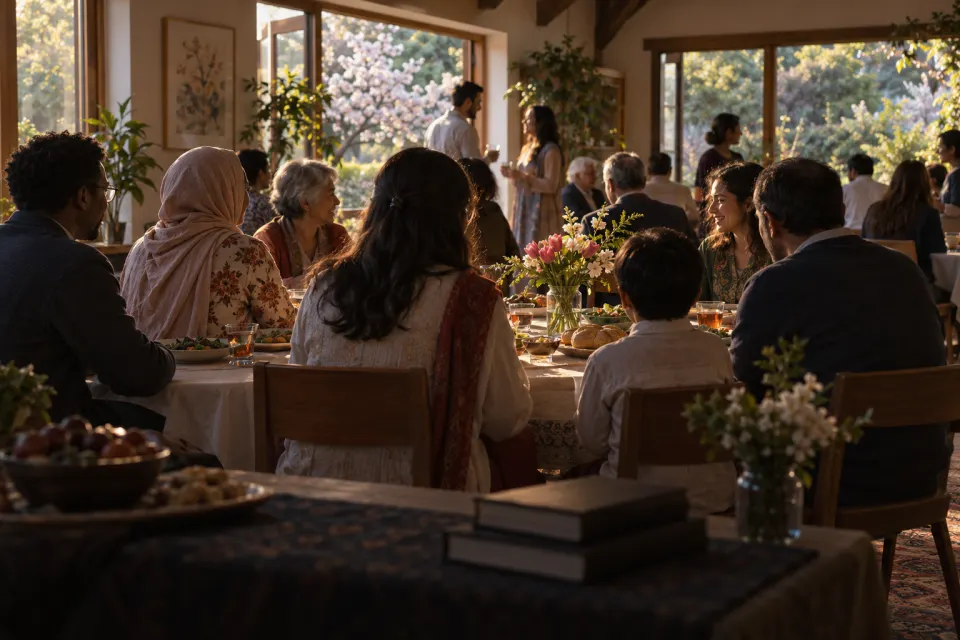 a feast at a Bahá'í centre, spring flowers