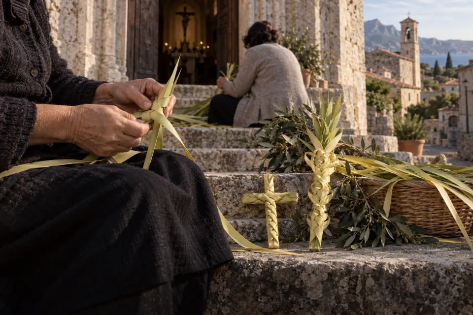 palm weaving on a Mediterranean church step