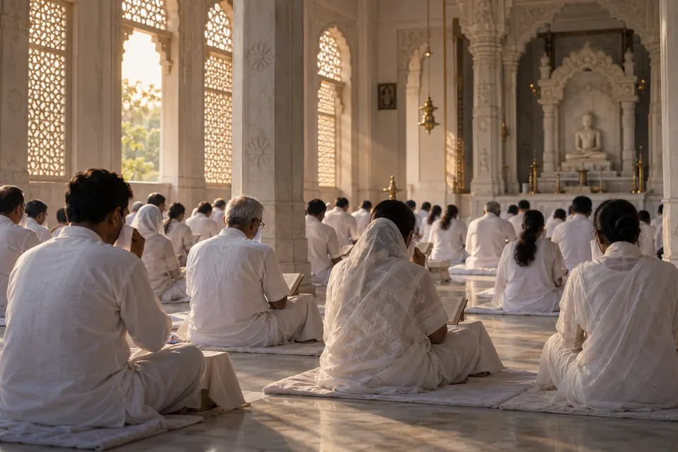 Samvatsari pratikramana in a hall, white dress