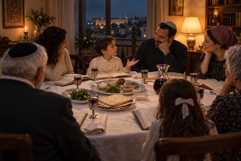 a seder table with the four cups, children asking