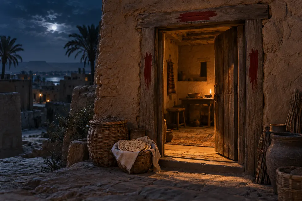 the night of the Exodus, doorposts marked, no figures of God